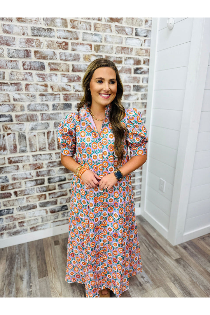 Karlie| Floral Ruffle Neck Button Shirt Maxi Dress