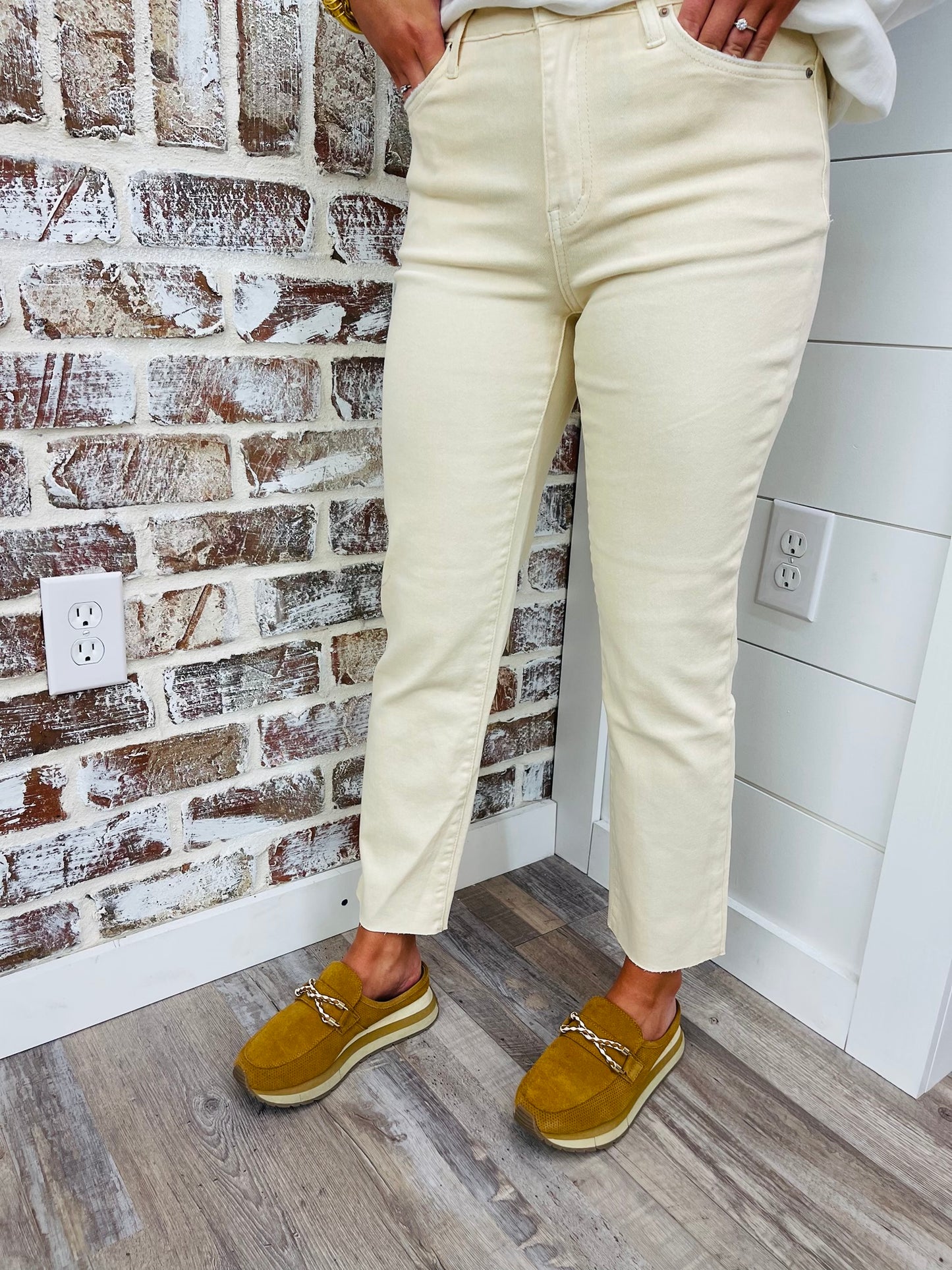 Cream Beige~ Acid Wash High Rise Straight Pants