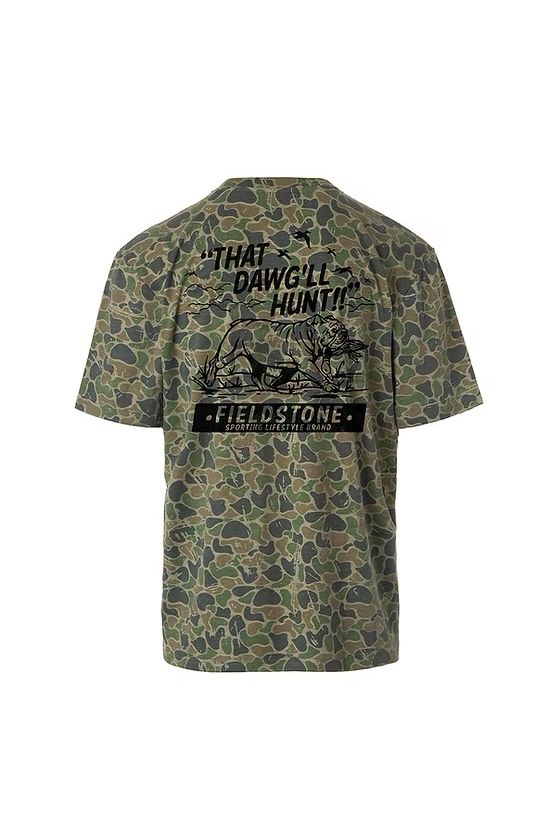Camo tee with “That Dog’ll Hunt” text, bulldog printed on back and Fieldstone Sporting Lifestyle Brand text