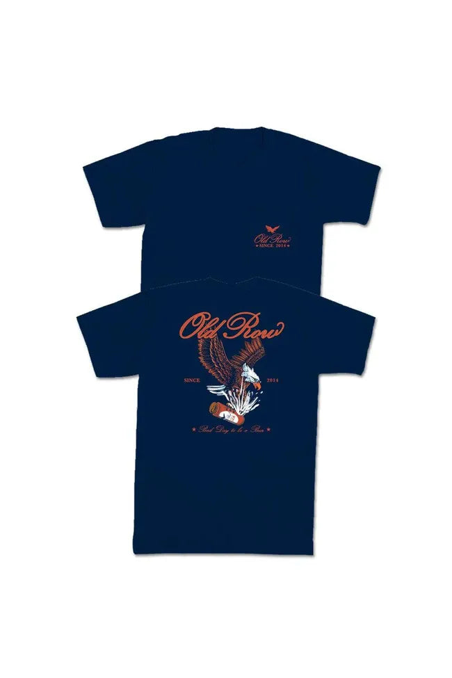 Navy Old Row tee with Eagle catching beer can with text- Bad day to be a beer
