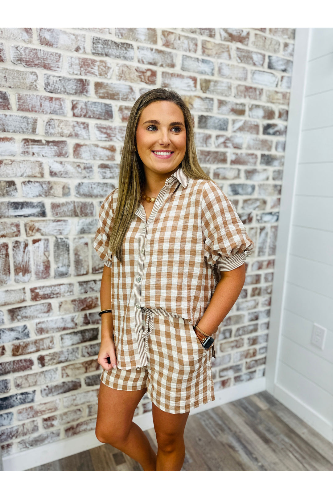 Caramel Check Button Down Set