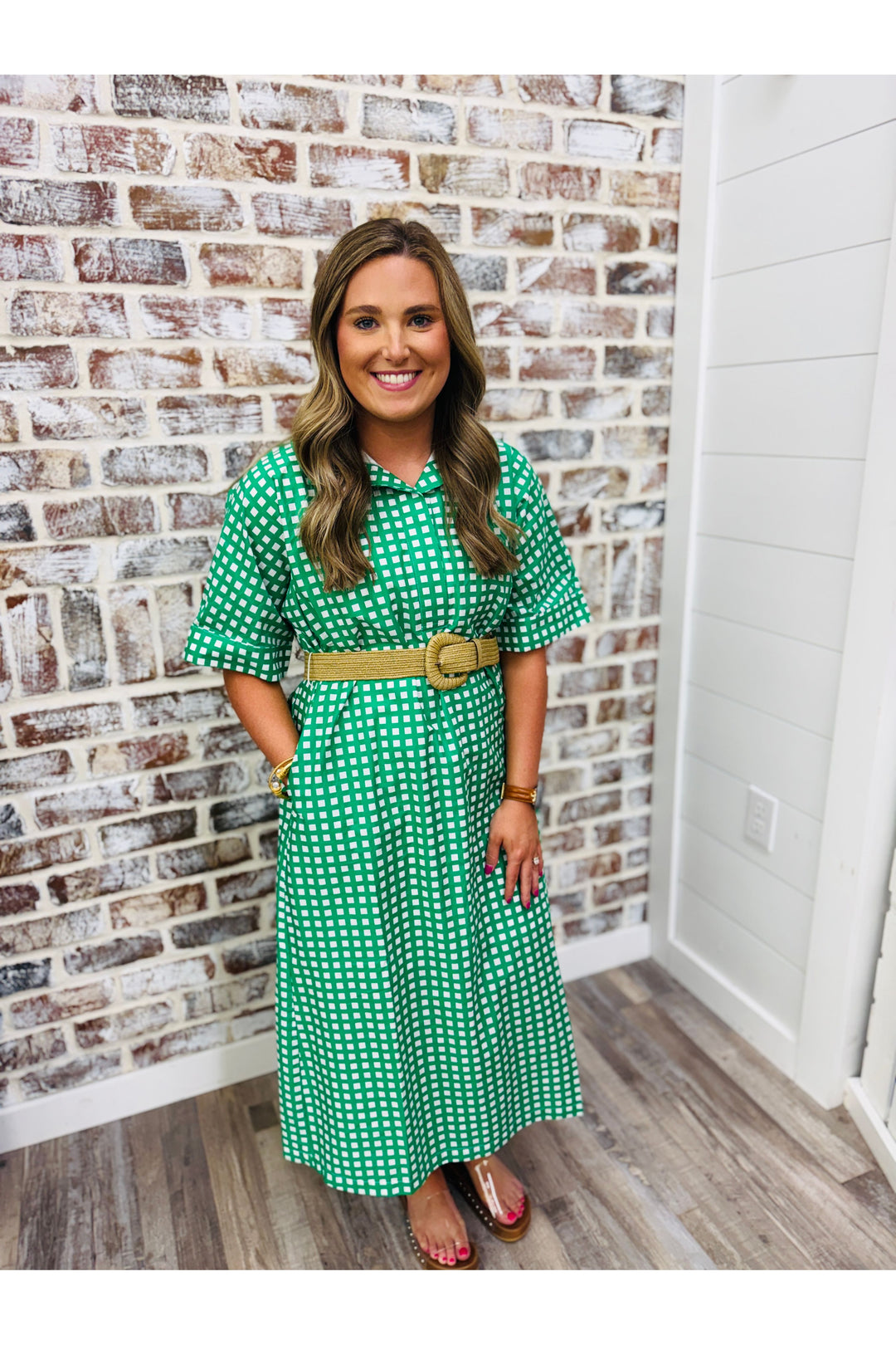 Green/White Checkered Midi Dress