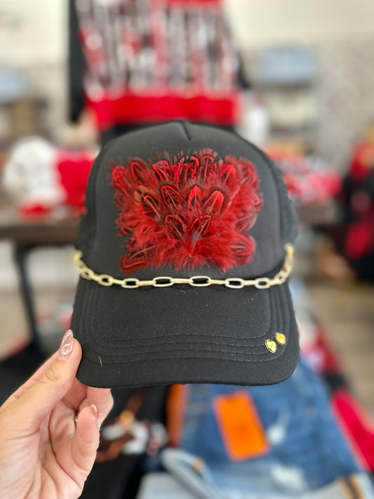 Black Trucker Hat with Red Feathers + Chain