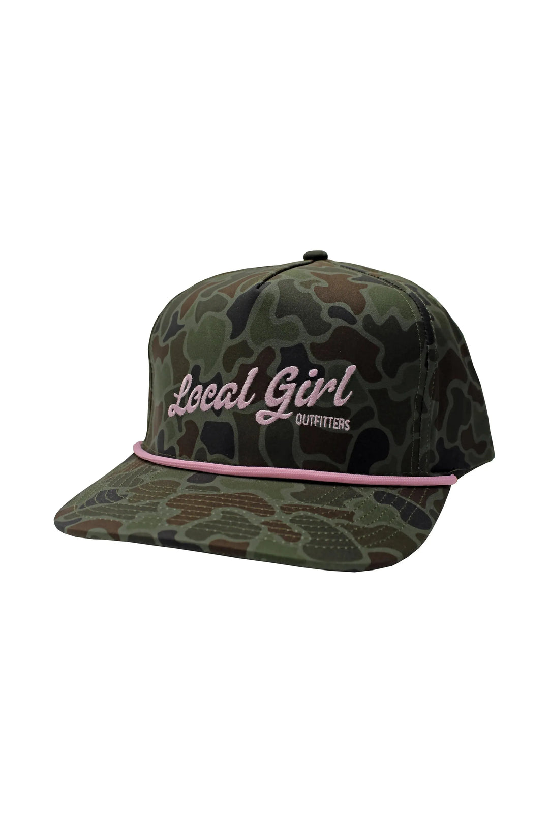 Camo Local Girl rope hat with pink writing