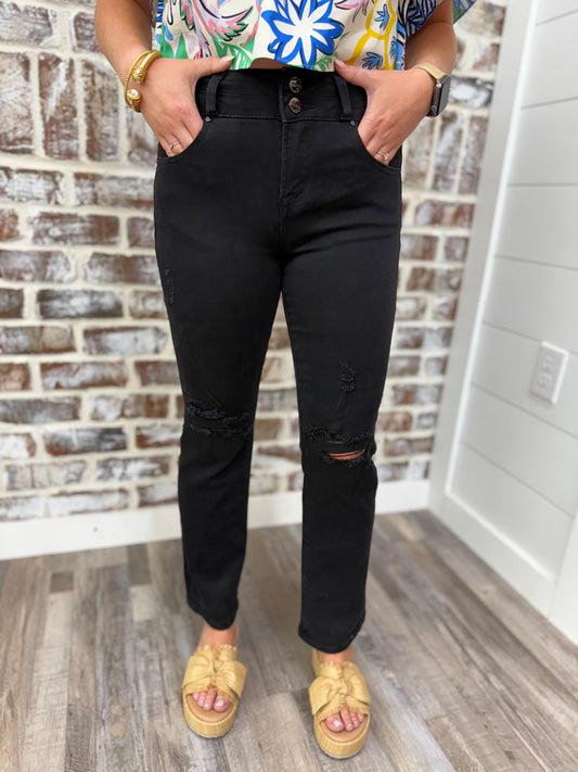 Black High Rise Ankle Straight Jeans