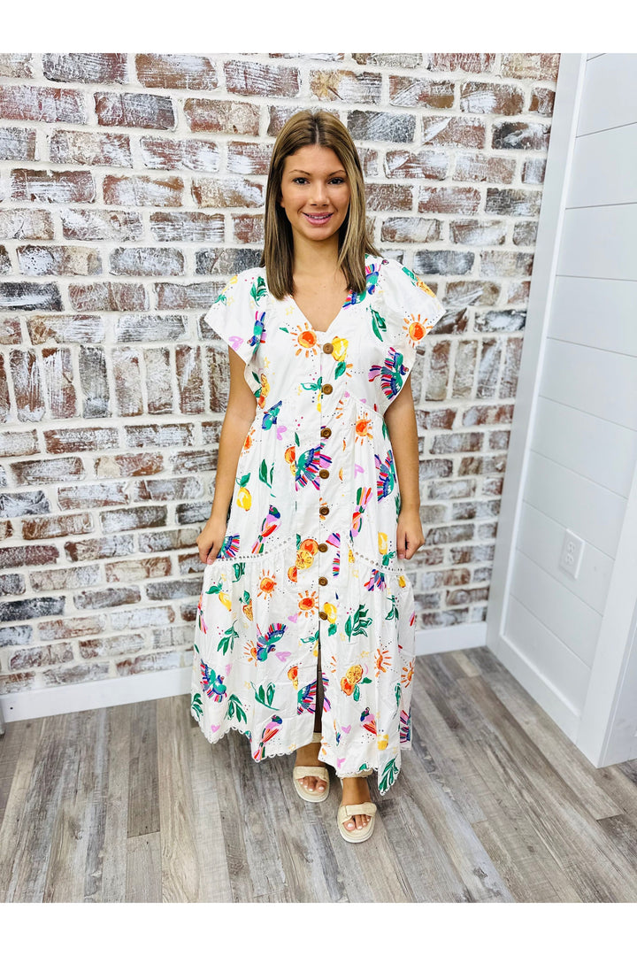 KARLIE| Toucan Fruit VNeck Maxi Dress