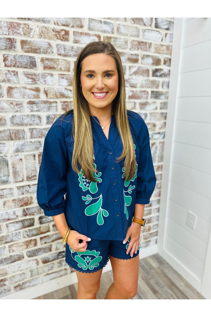Navy + Emerald Embroidery Shorts