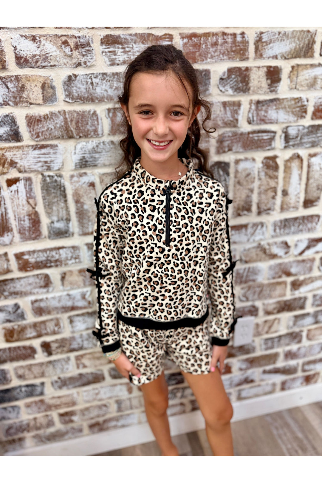 Girls Classic Leopard Fleece Bow Quarter Zip & Shorts Set