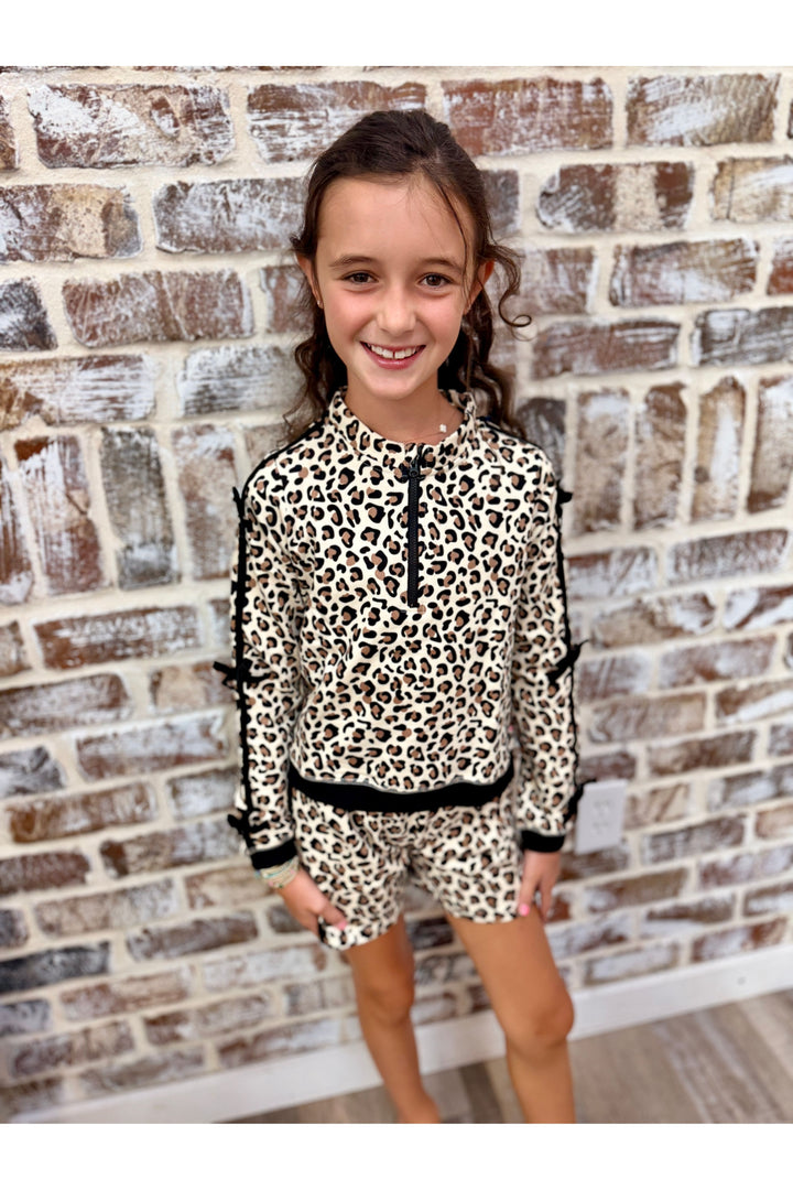 Girls Classic Leopard Fleece Bow Quarter Zip & Shorts Set