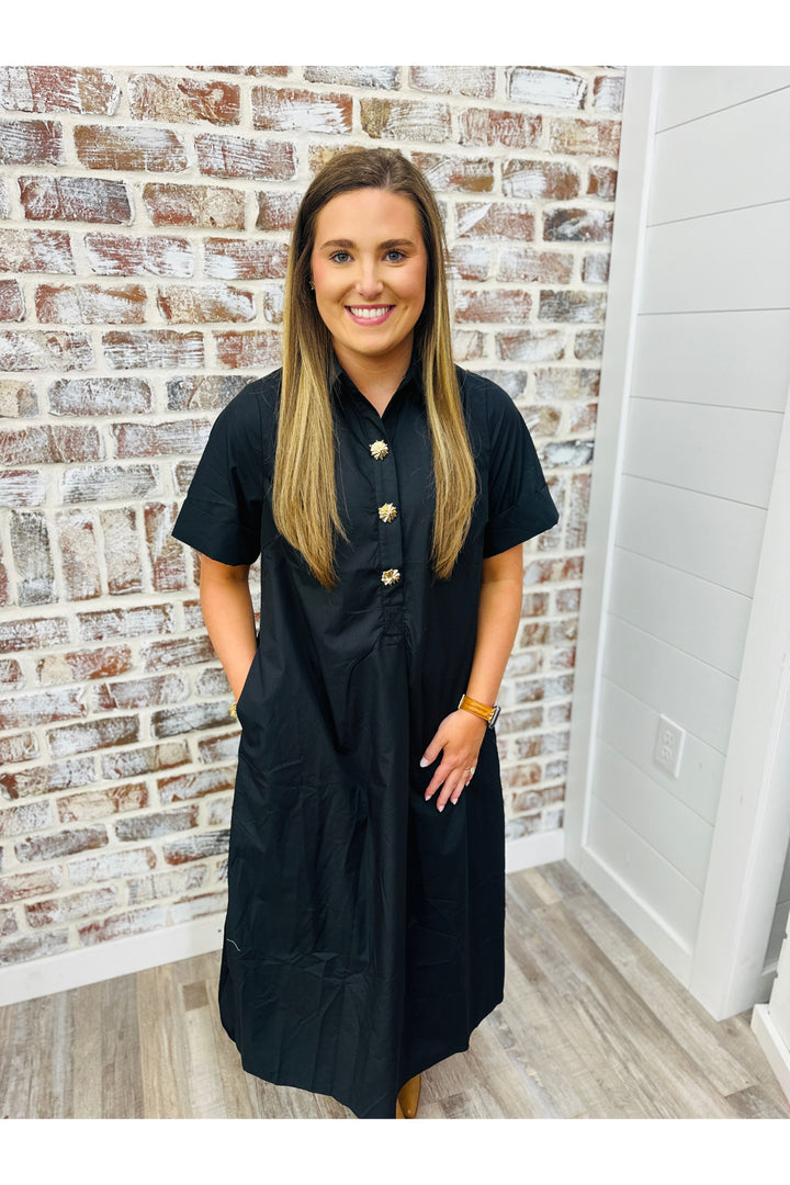 Burst Of Buttons Midi Dress~ Black