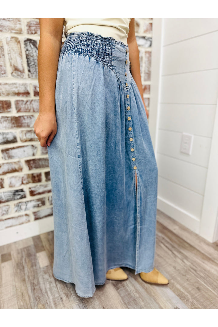 Denim Front Slit Maxi Skirt