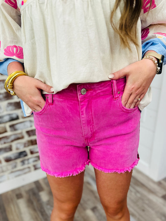 Acid Wash Hot Pink Frayed Shorts