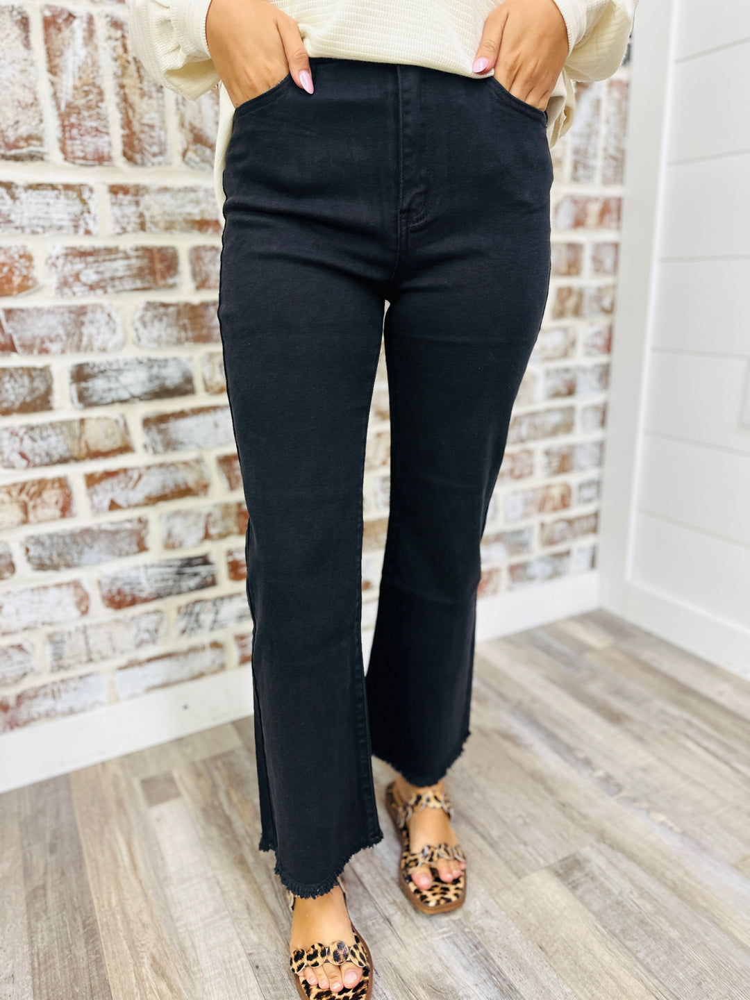 Acid Washed Straight Leg Pants - Black