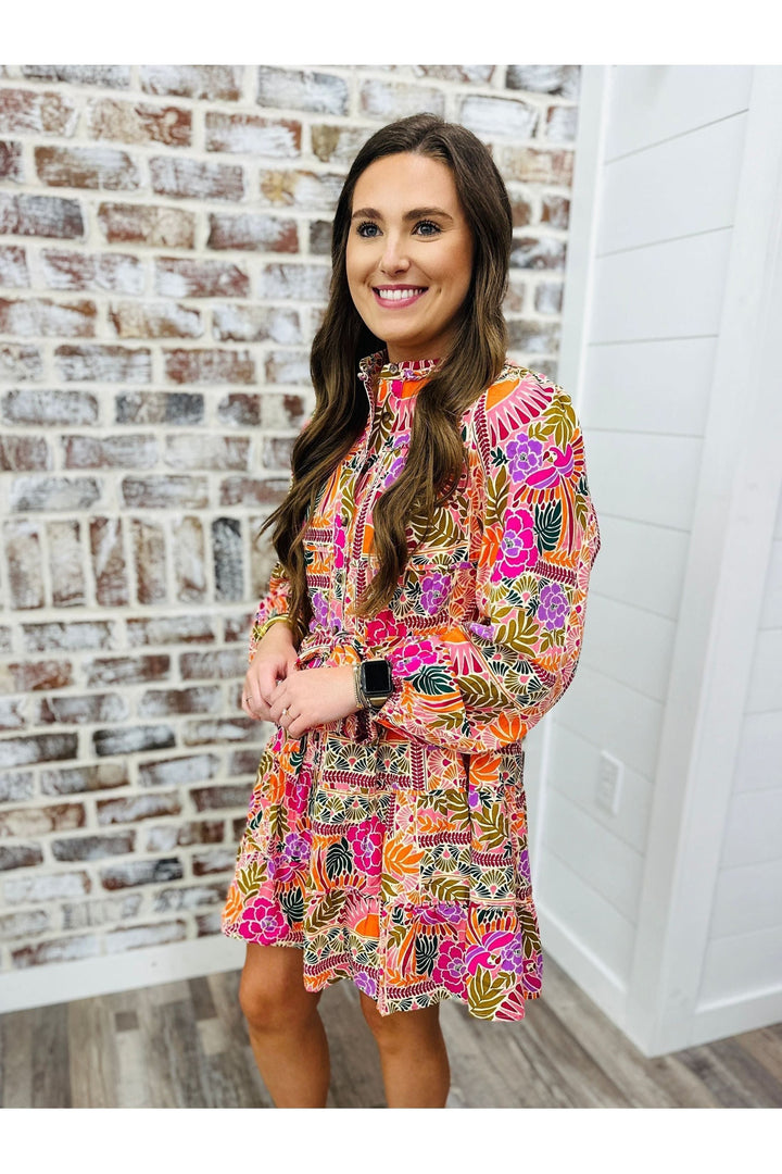 KARLIE Toucan Scarf Braid Trim Dress