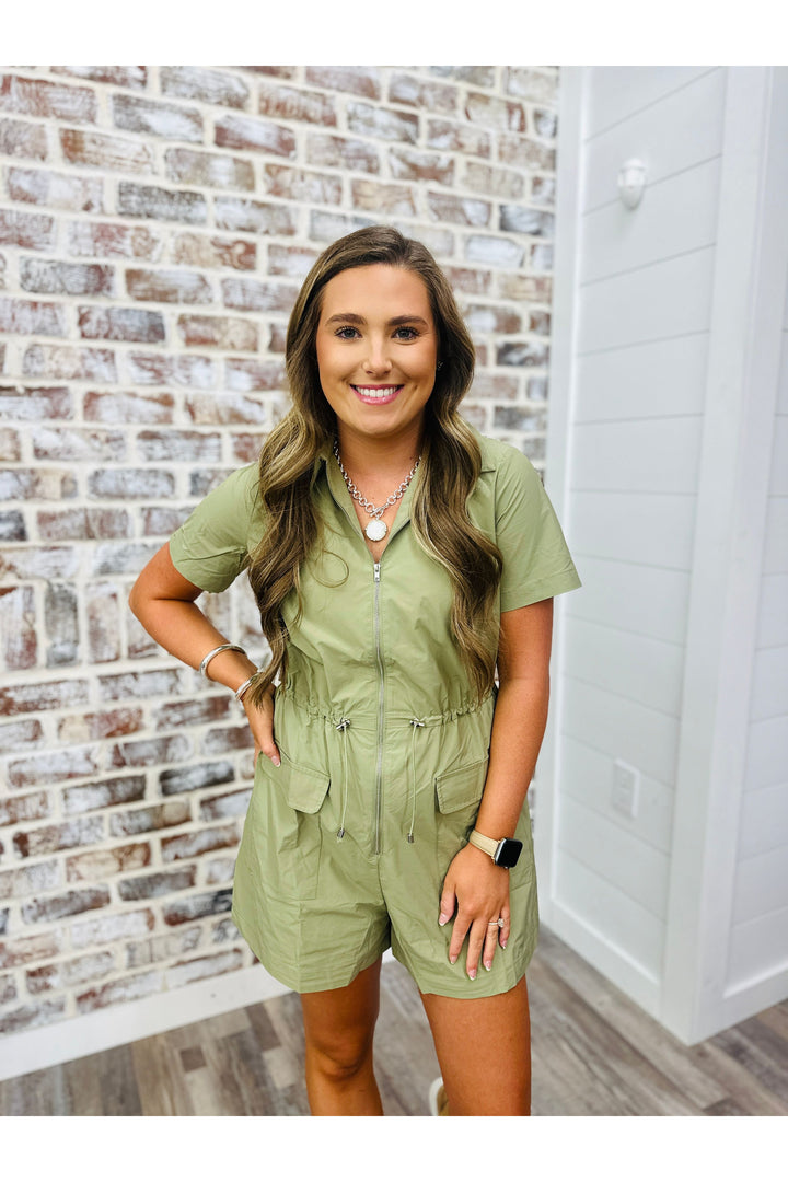 Karlie| Olive Solid Pocket Cinch Waist Romper