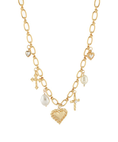 Pearl & Heart Charm Statement Necklace