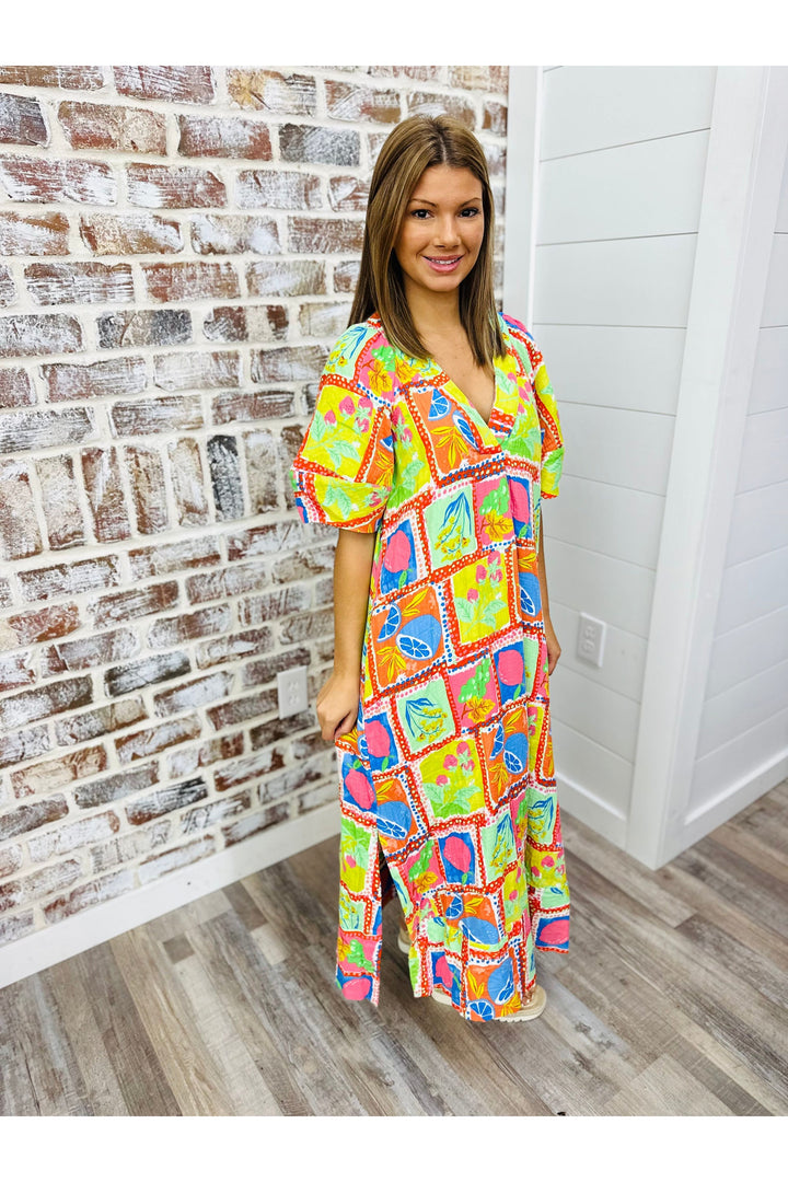 KARLIE| Fruit Gauze Vneck Maxi Dress