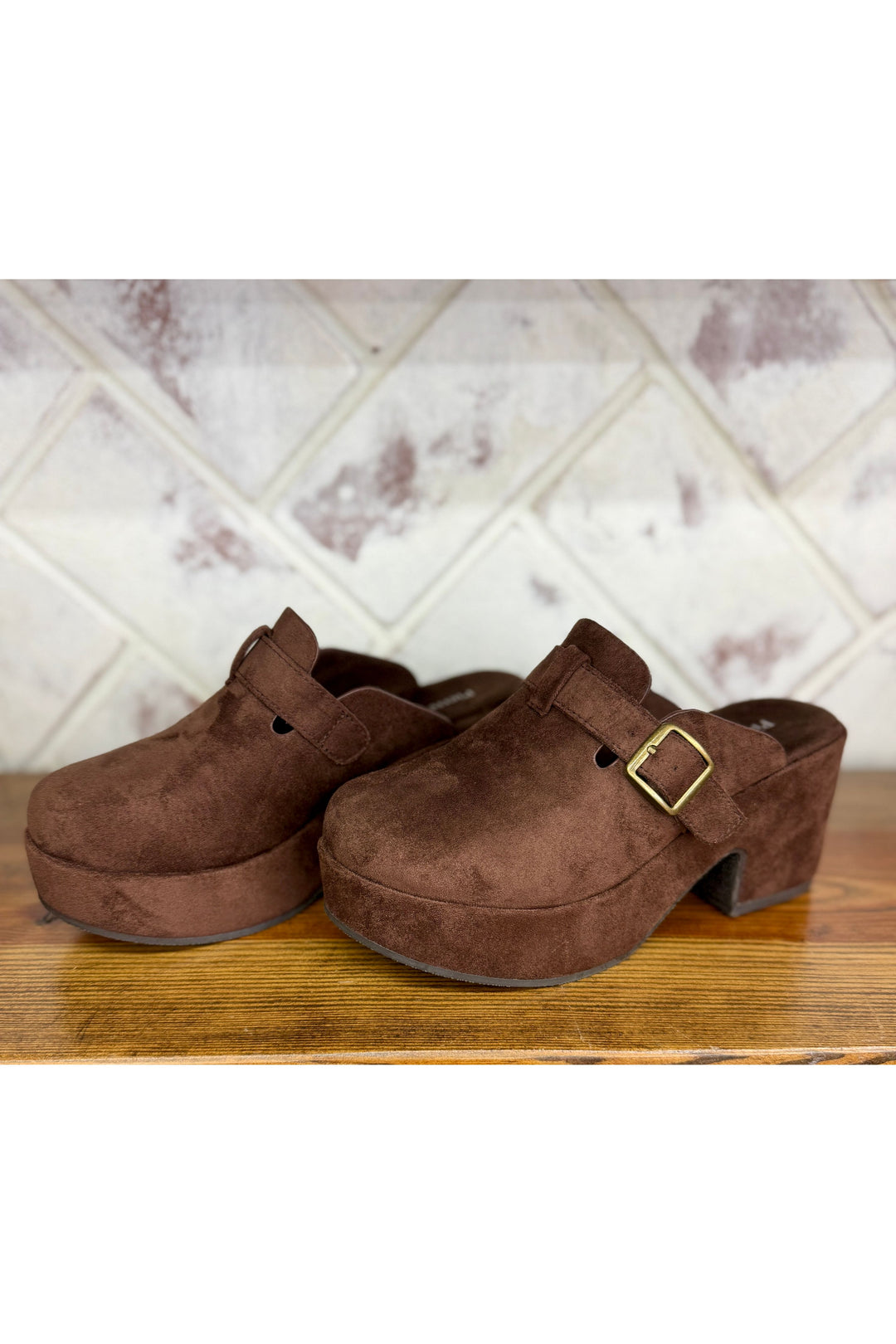 Chocolate Suede Platform Buckle Mule Clog
