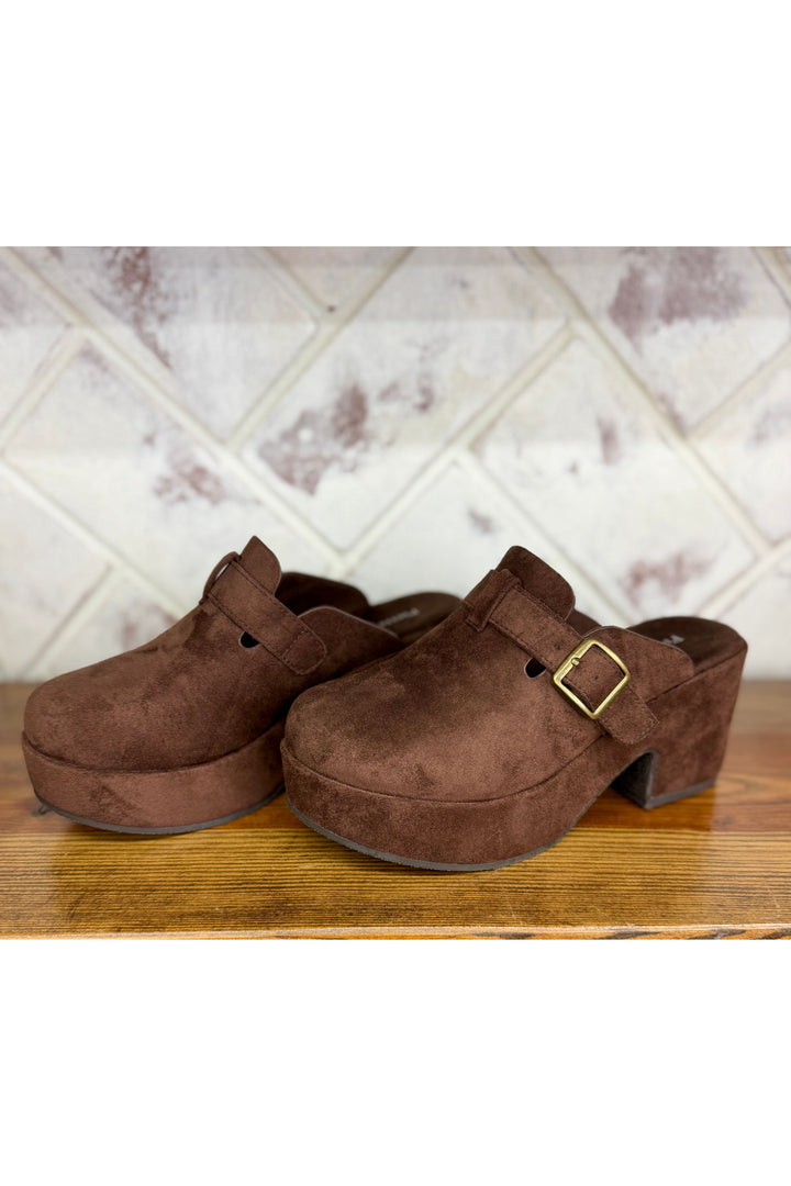 Chocolate Suede Platform Buckle Mule Clog