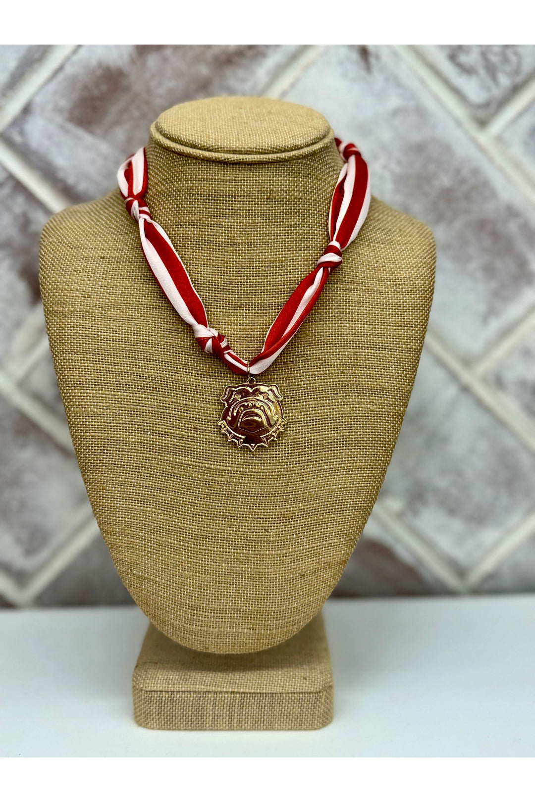 Red& White Scarf Necklace With Bulldog Charm