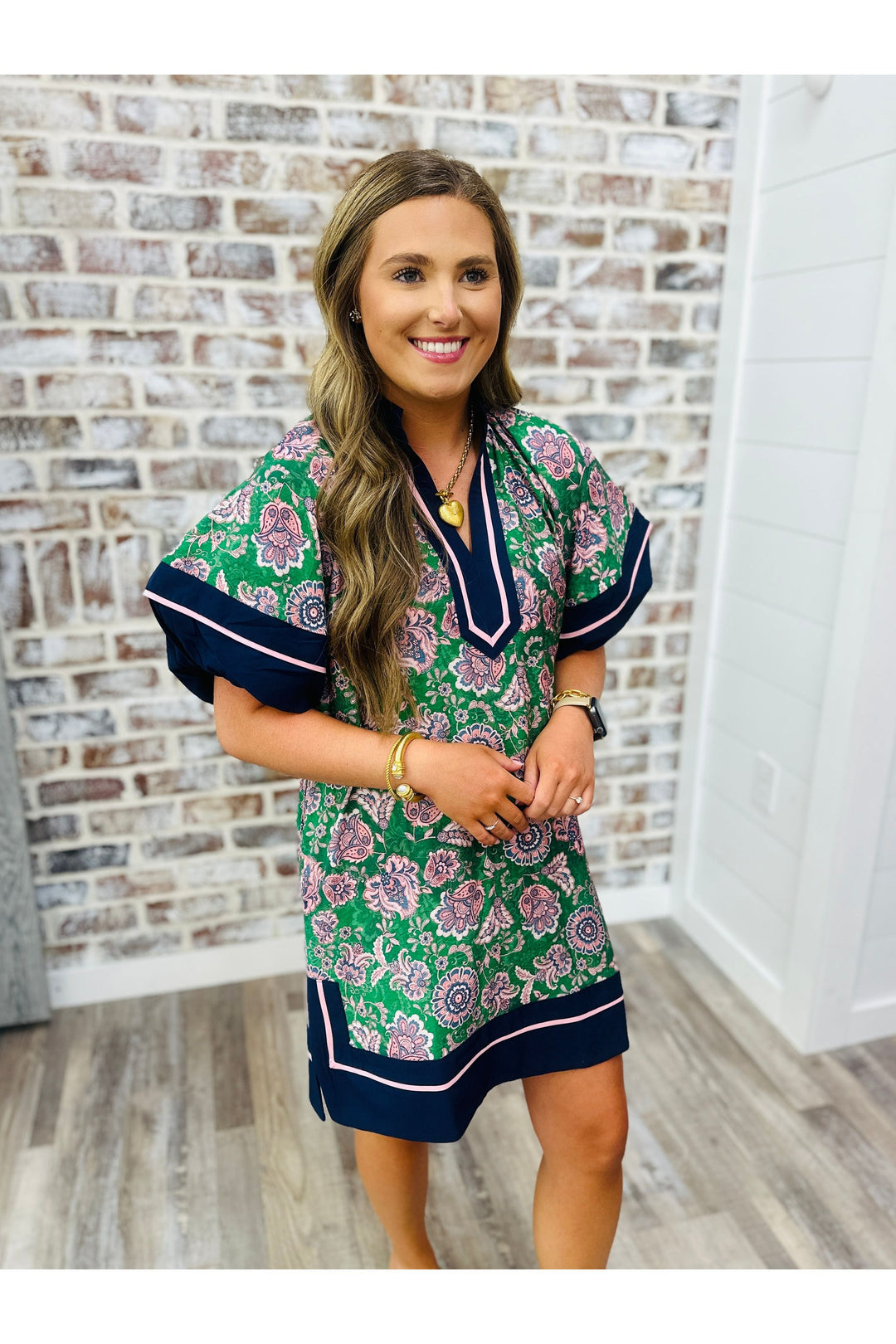 navy, green and pink floral dress, above the knee