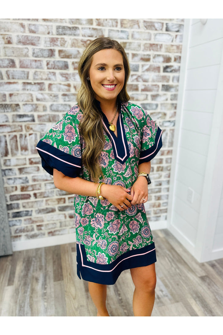 navy, green and pink floral dress, above the knee