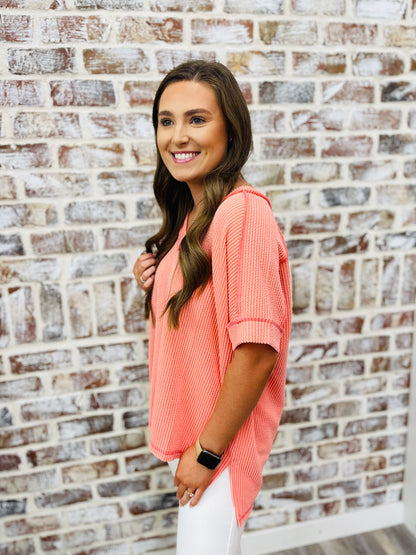 Coral Short Sleeve Waffle Top