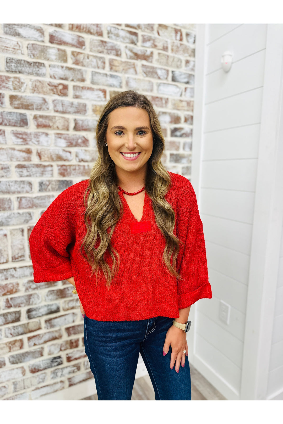 Cropped V-Neck Sweater - Red