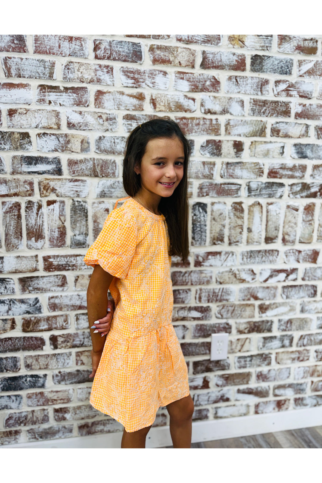 Girls Orange Embroidered Gingham Dress