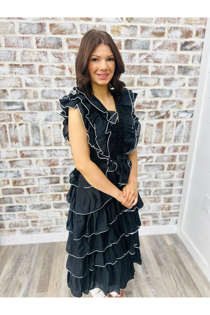 Ruffled Black Party Time Midi Dress