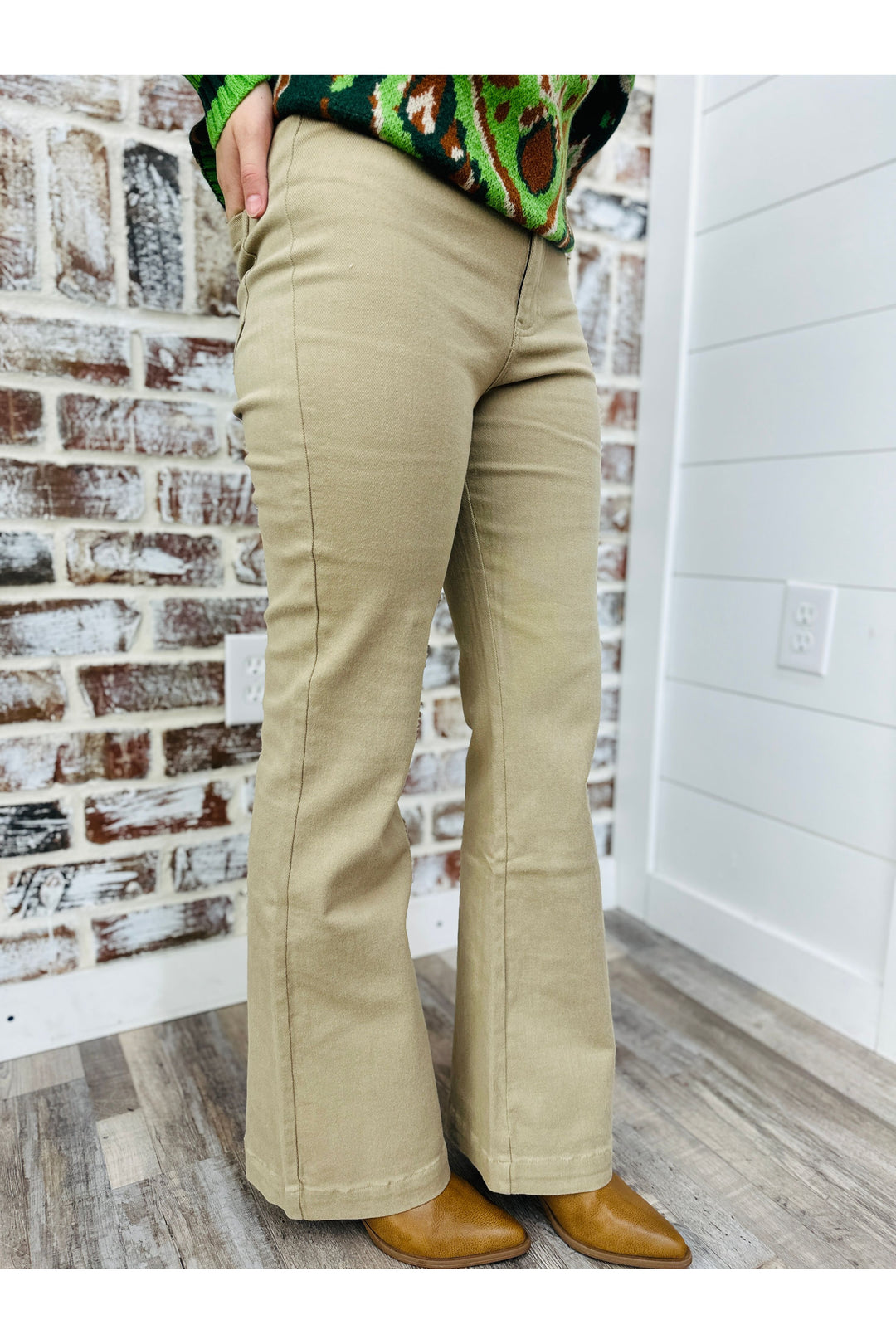 Khaki High Waisted Wide Flare Pants