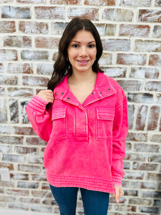 Fuchsia Acid Wash Snap Button Top