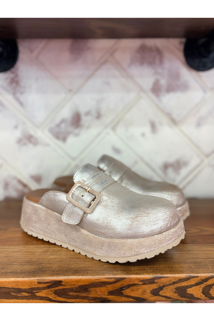 Silver clog shoe on a wooden surface with a tiled wall background
