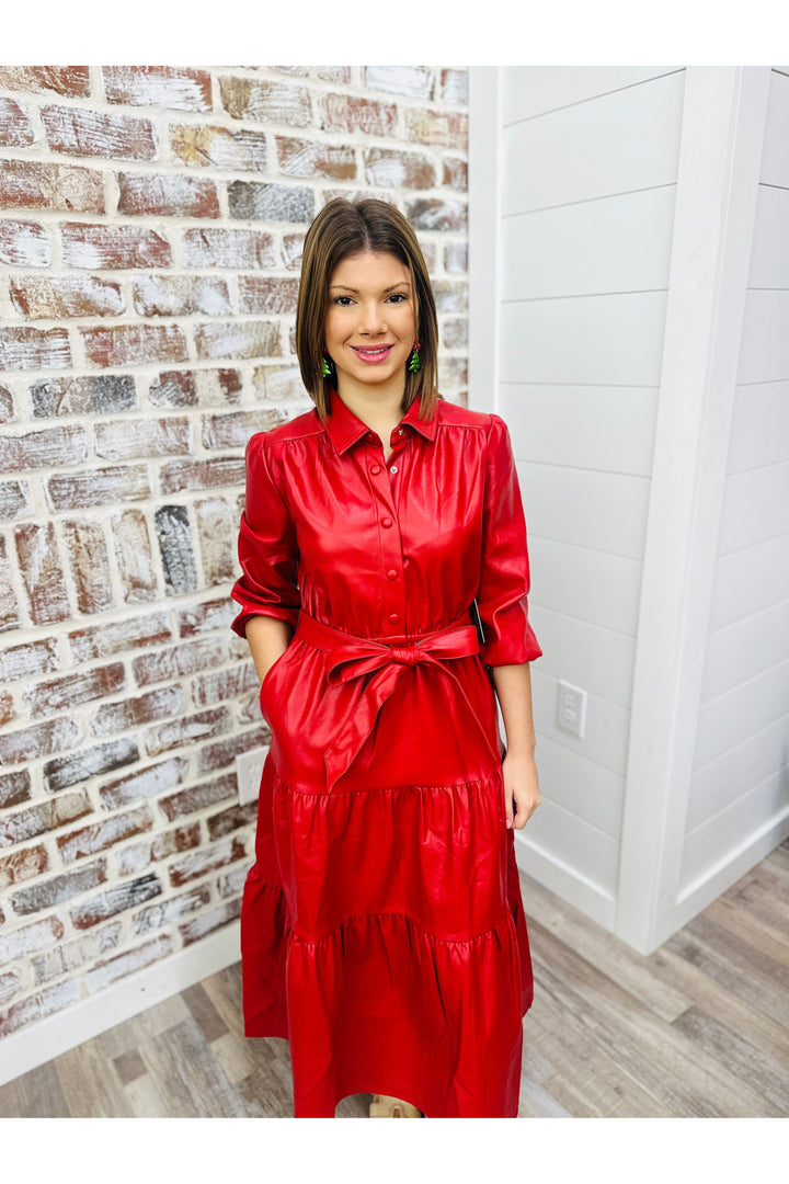Red Faux Leather Tiered Midi Dress