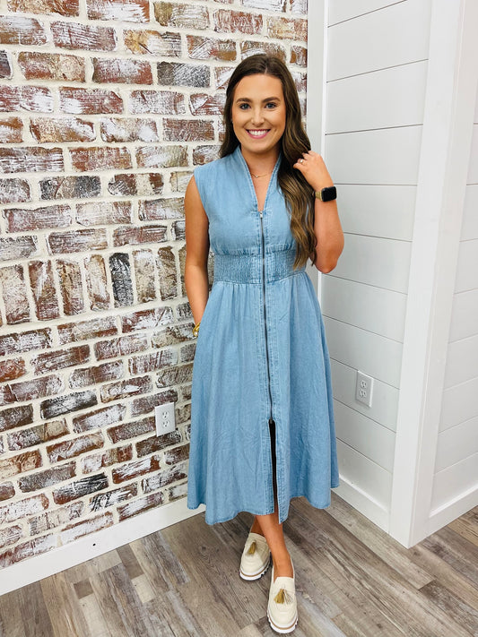 Zipped In Denim Midi Dress