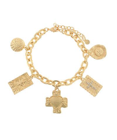 Cross & Coin Charm Metal Bracelet