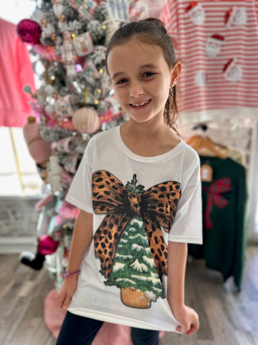 YOUTH Christmas Tree Cheetah Bow Rhinestone Graphic T-Shirt