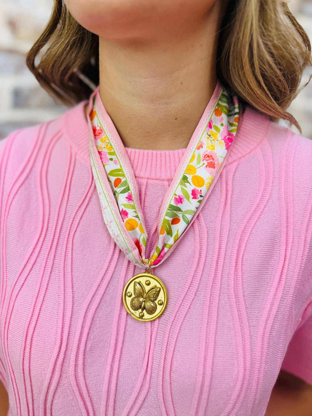 Pink Florals Scarf Necklace
