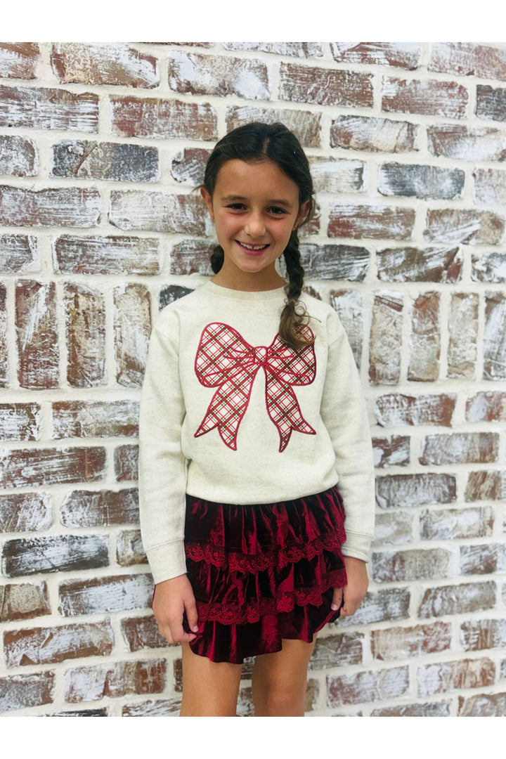 Youth Christmas Plaid Bow Patch Sweatshirt