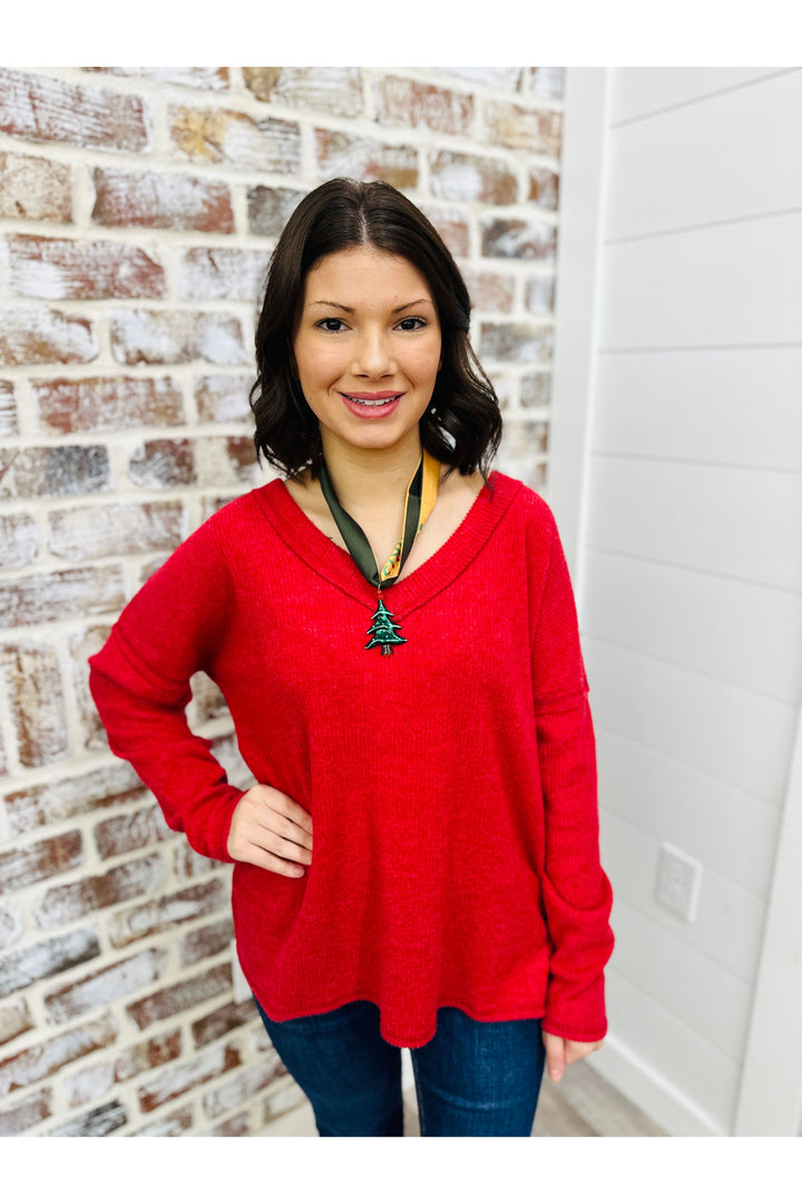 Soft & Cozy V-neck Top - Red