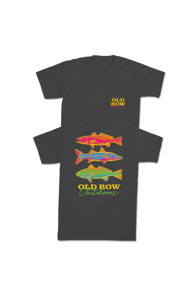 Charcoal tee with 3 neon fish on back