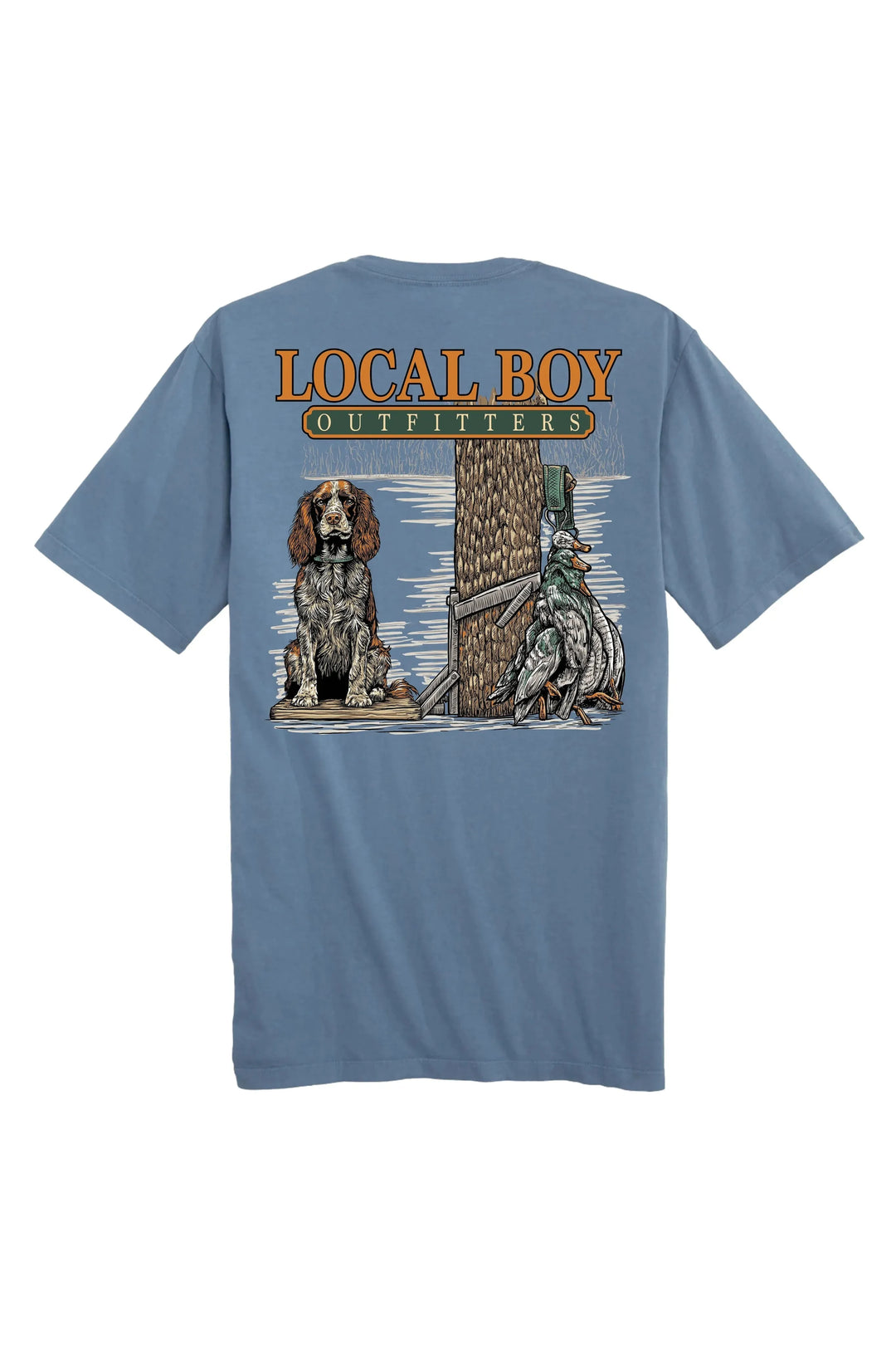 Youth blue tee with Boykin dog next to tree with ducks