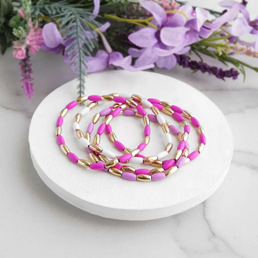 Metal Beaded Bracelet Stack 5 Bracelets~ Pink