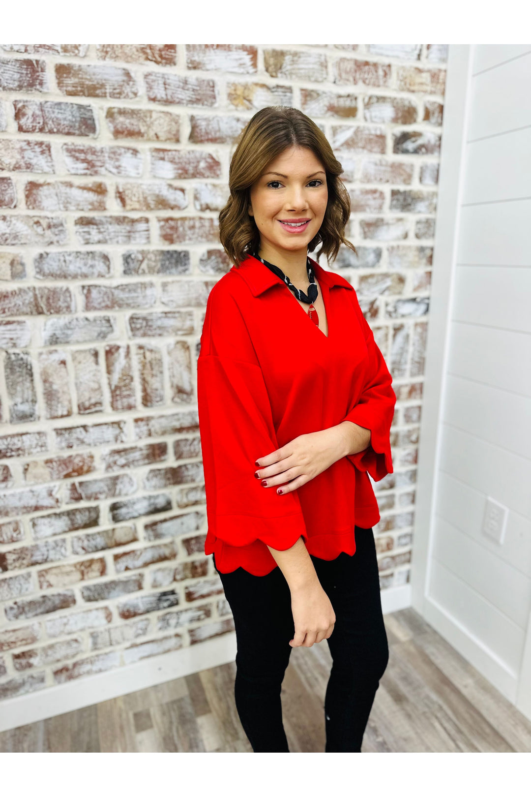 Red Scallop Collar Top
