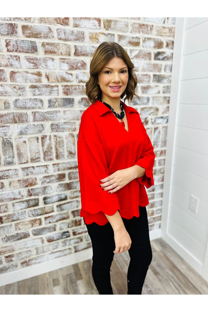 Red Scallop Collar Top
