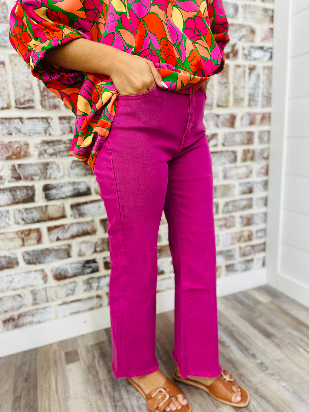 Acid Washed Straight Leg Pants - Magenta