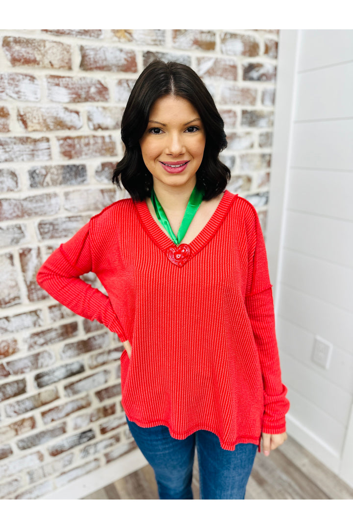 Red Ribbed Long Sleeve Top