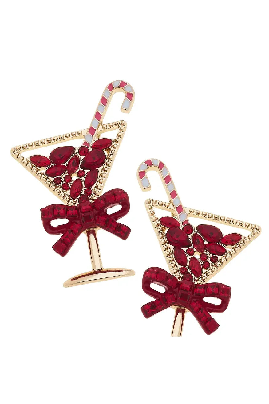 Red Rhinestone Martini Glass Earrings with Candy Cane Topper