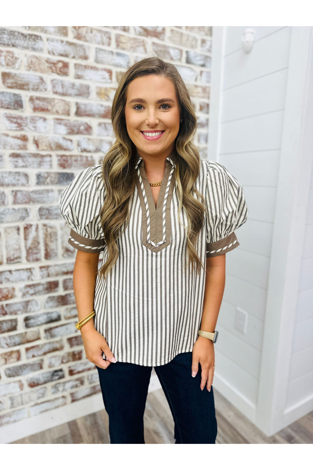 mocha and cream striped v-neck top