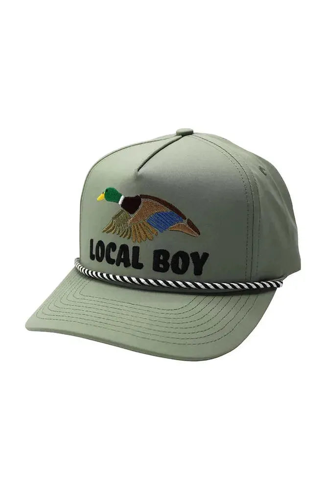 Light sage hat with duck on front, local boy stitching